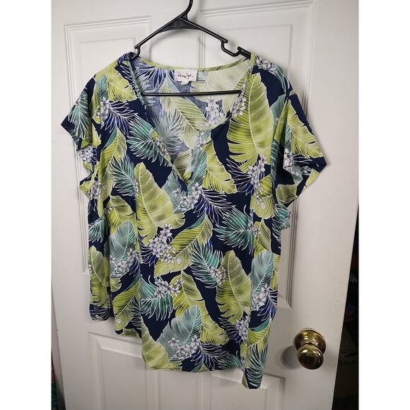 Panama Jack Woman 1X Blouse Linen Blend S/S Tropical V Neck Curved Hem Casual - Picture 2 of 9